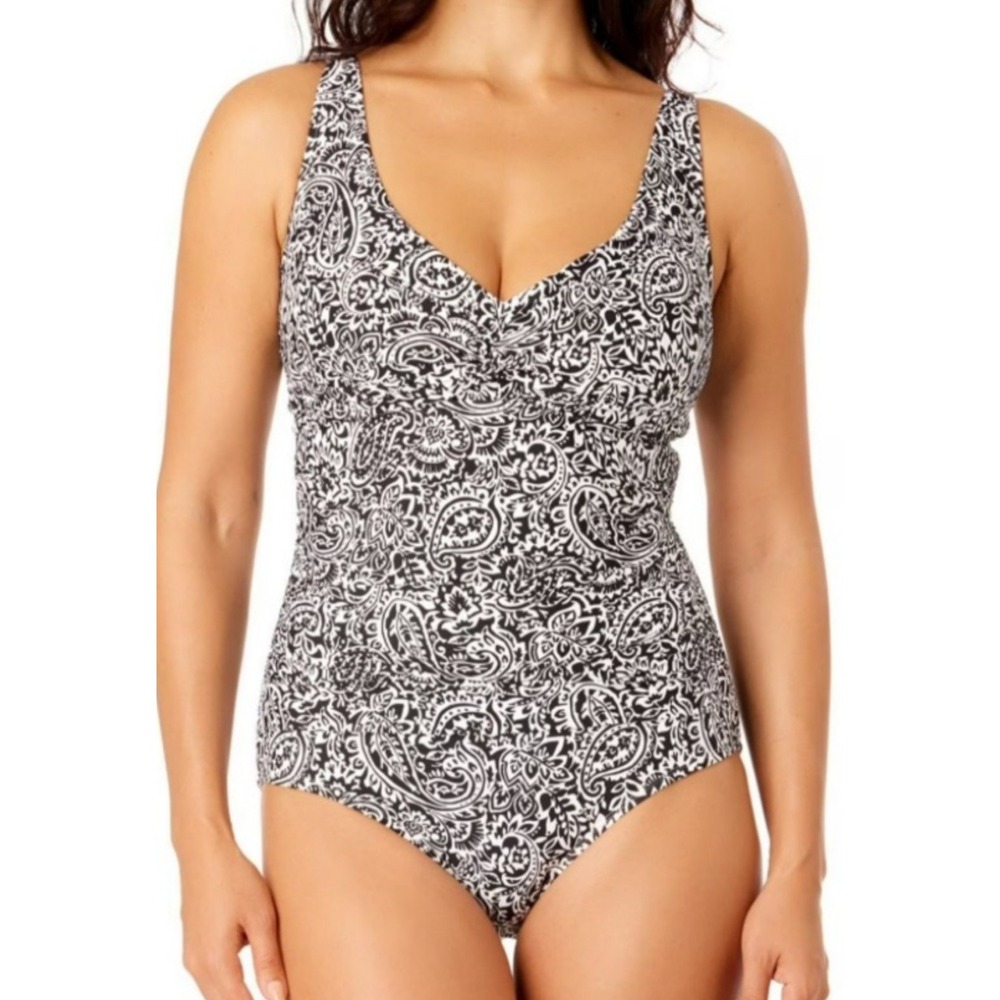 Lands End Womens One-Piece Swimsuit Black White‎ Ruched Adjustable Strap Size XS